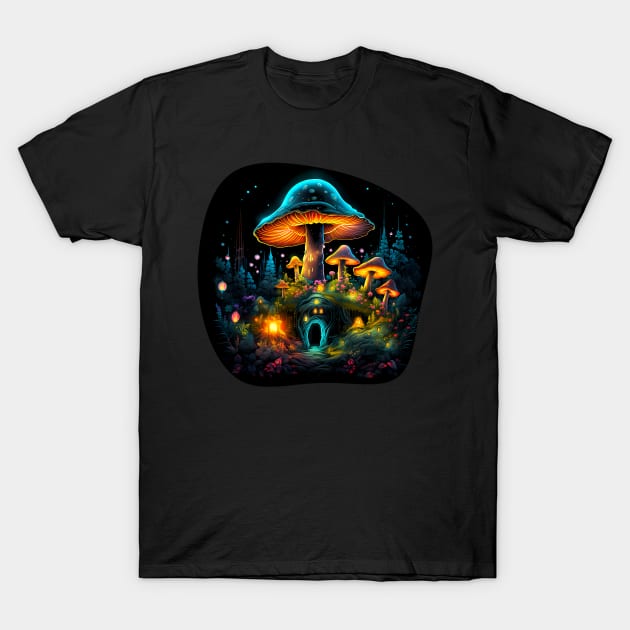 Cottagecore Psychedelic Moon Mushroom Village T-Shirt by VogueTime